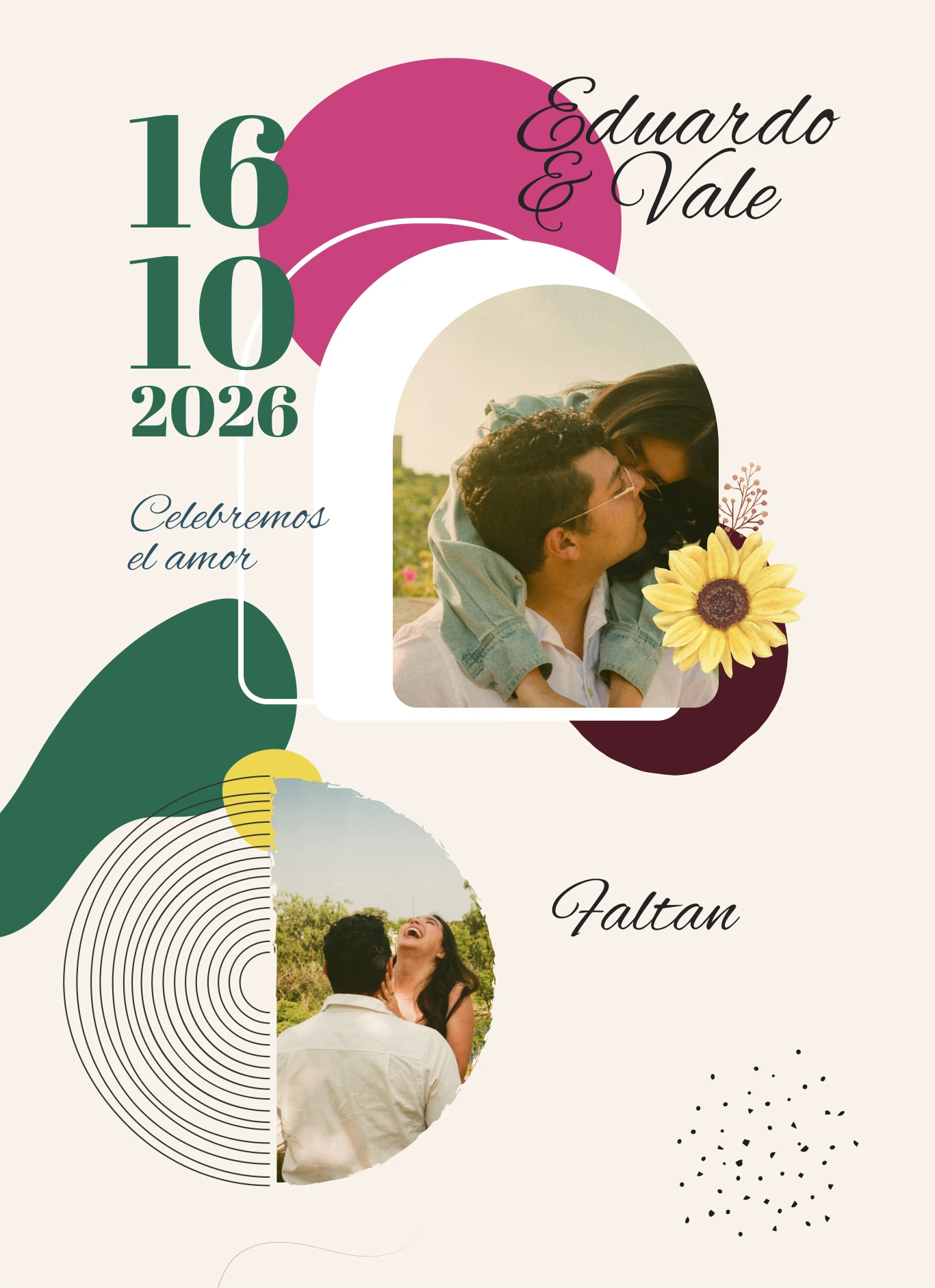 Eduardo y Vale. 16 de octubre de 2026. Celebremos el amor. Fotos de los novios entre arcos, flores y formas en tonos crema, verde, rosa y amarillo.
